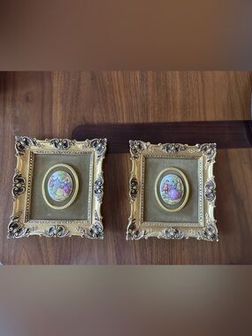 Decorative Gold Ornate Picture Frame Pair with Pastel Cameo Art